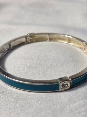 Premier Designs Silver Tone Turquoise Enamel Stretch Bracelet White Rhinestones